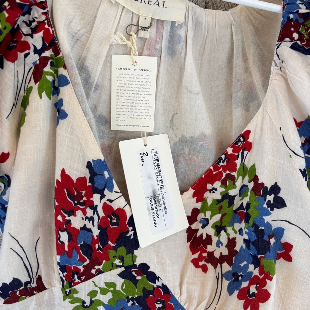 THE GREAT. Floral Maxi Dress in Ivory with Red, Blue & Green Print